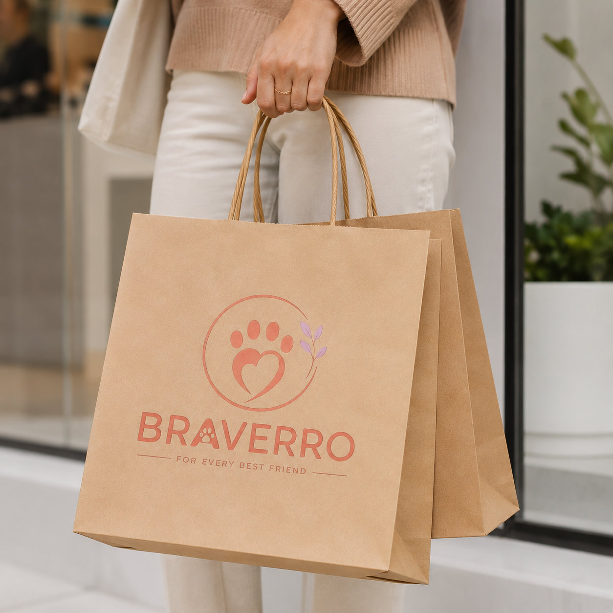 A Braverro paper bag carried by a happy customer